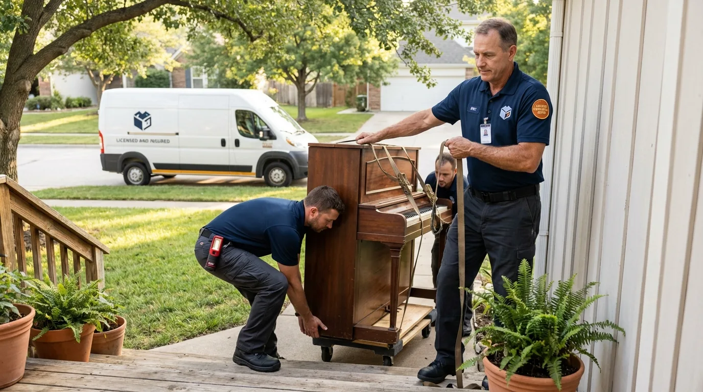 Licensed piano movers securing grand piano in Swanzey, NH