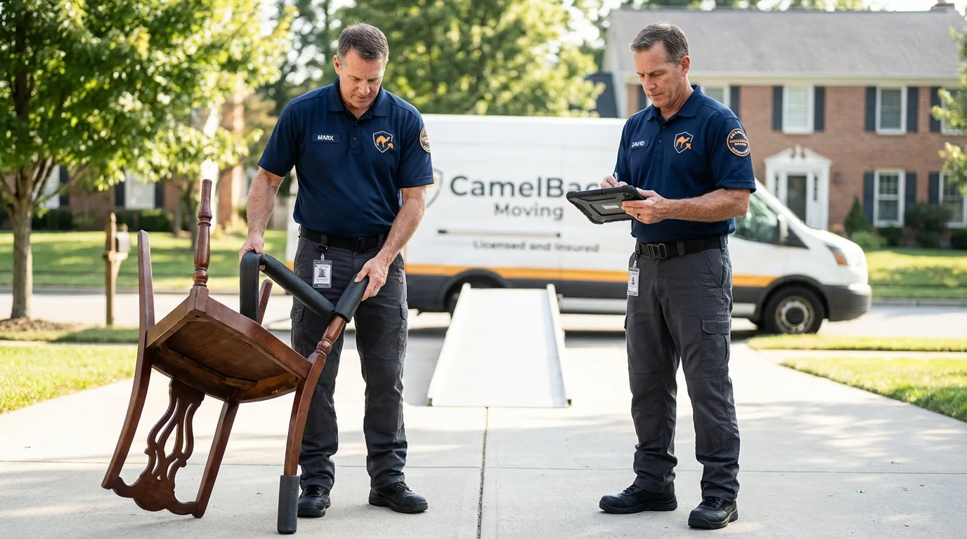 Movers inspecting furniture for damage prevention before loading in Swanzey, NH