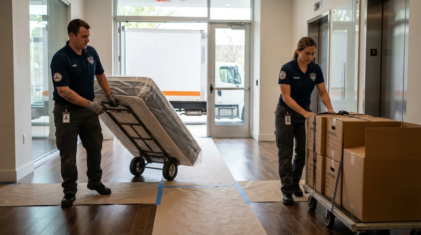 Professional apartment movers loading elevator in Swanzey, NH