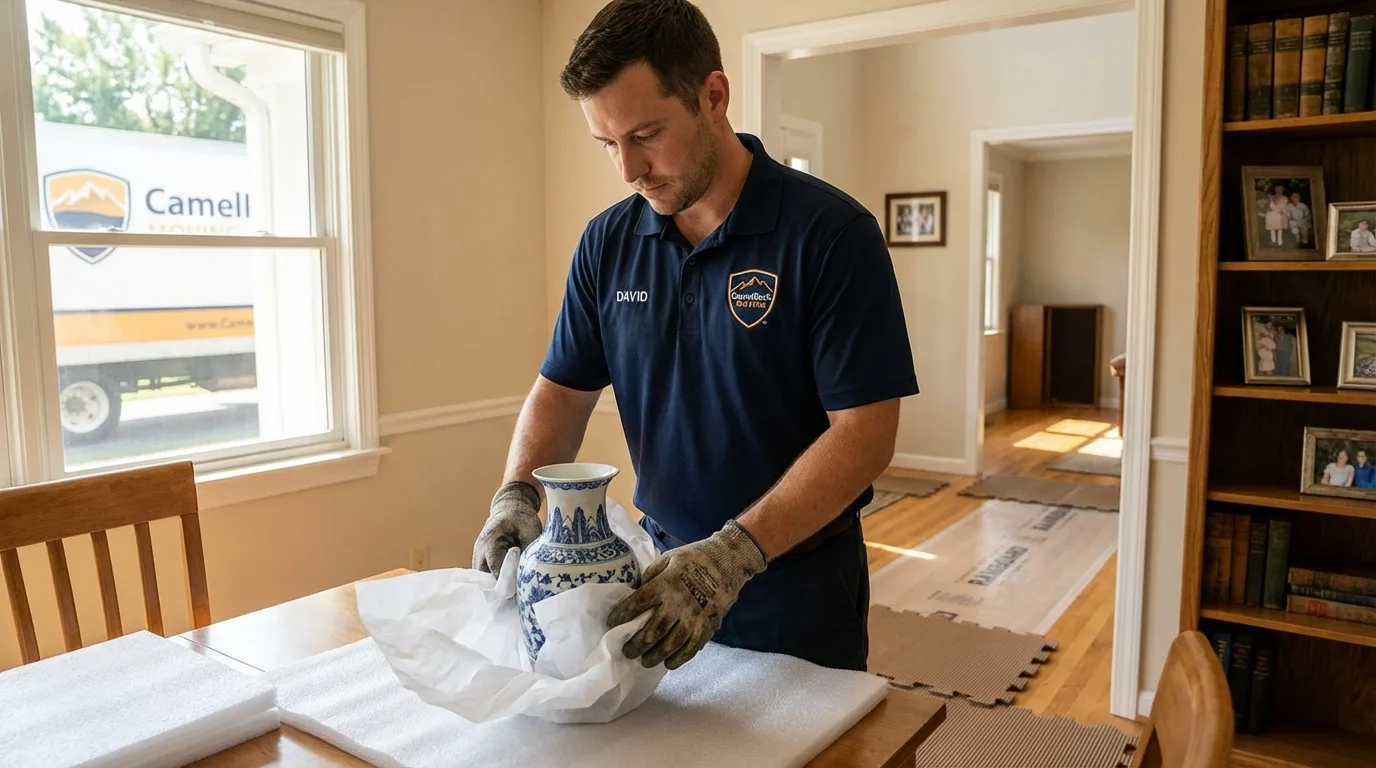 Professional crew carefully wrapping antique vase for senior downsizing move in Swanzey, NH